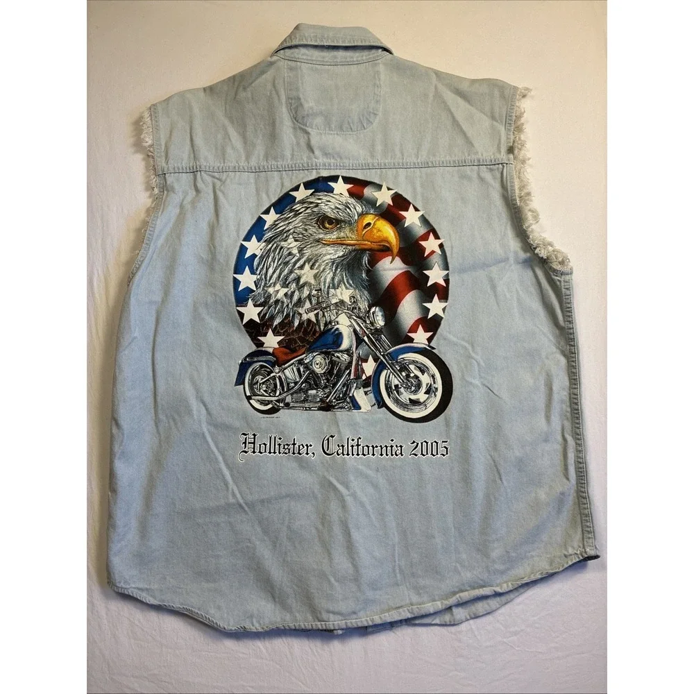 Vintage Biker Hollister American Flag Eagle Motorcycle Cutoff Denim Vest 4XL